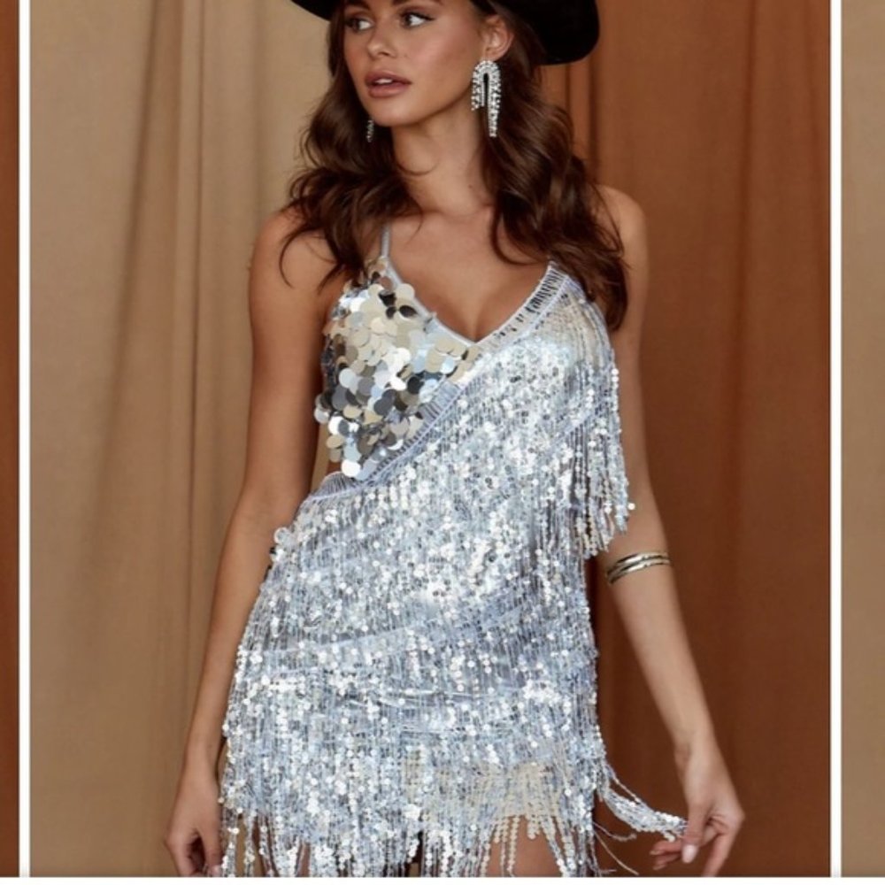 12th Tribe Small Silver Disco Fringe Dress